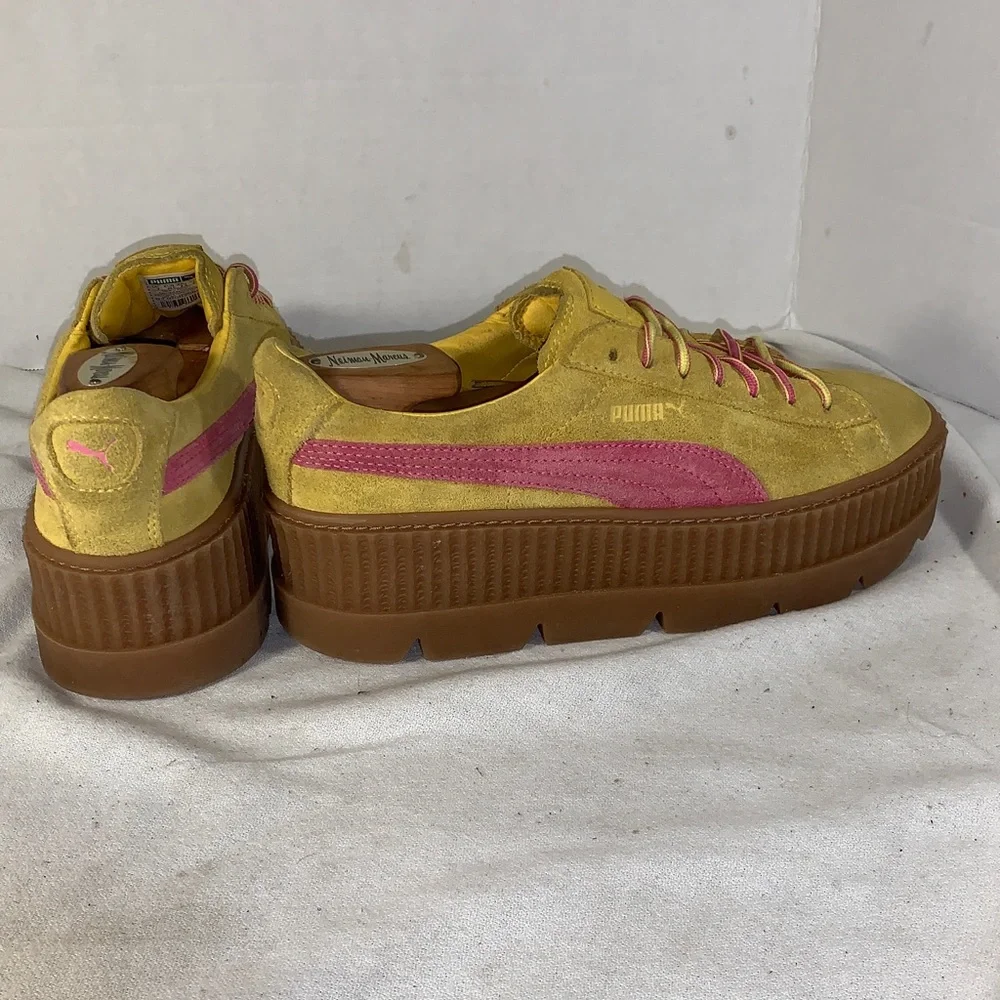 Puma Womens ‘Cleated Creeper’ Yellow Suede Platform Sneakers with Pink Stripe
